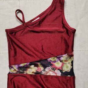 Sadie Jane Red One Shoulder Leotard with Floral Mesh Insert Girls Size Large